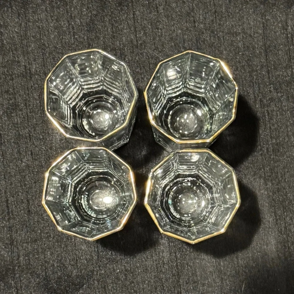 Vintage Octagonal Paneled Double Shot Glasses Set of 4 Gold Rim Heavy Base Bar